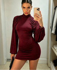 Ruched Mock Neck Long Sleeve Mini Dress