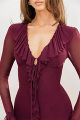 Ruffled Mesh Sleeve V-Neck Maxi Dress