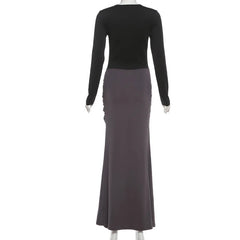 Long Sleeve Patchwork Wrap Panel Maxi Dress