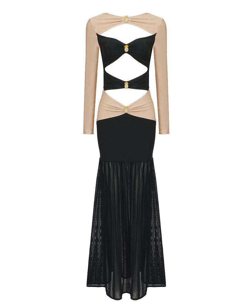 Black and beige dress with cut-out design on a white background