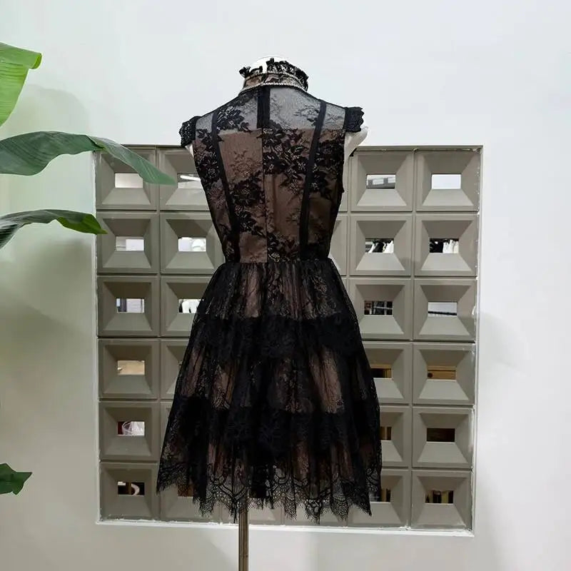 Black lace stand collar mini dress back view