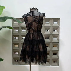 Black lace stand collar mini dress back view