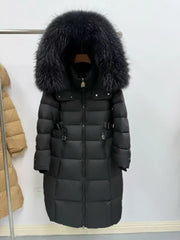 Black puffer coat with large fur hood