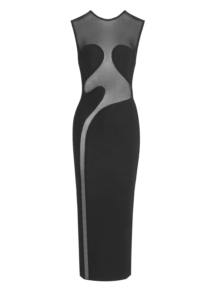 Black dress with gray abstract design on a white background