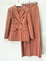 Double breasted striped blazer and wide leg pants suit hanging