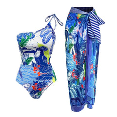 Tie-Strap V-Neck One-Piece Swimsuit with Matching Sarong Set