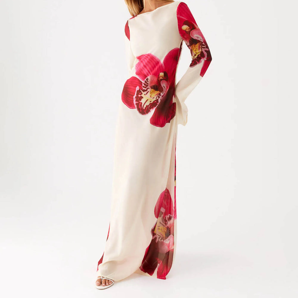 Long dress with floral patterns on a white background