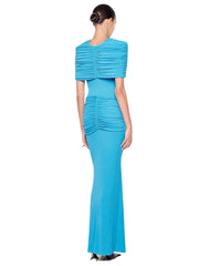 Draped O-Neck Metal Pin Ruched Waist Maxi Dress