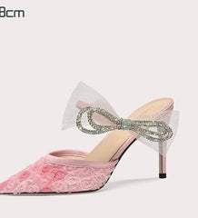 Pink Bow Gem Slippers | High-Heel Butterfly-Knot Summer Mules