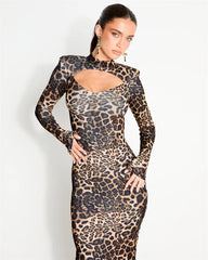 Leopard Print High Neck Maxi Dress