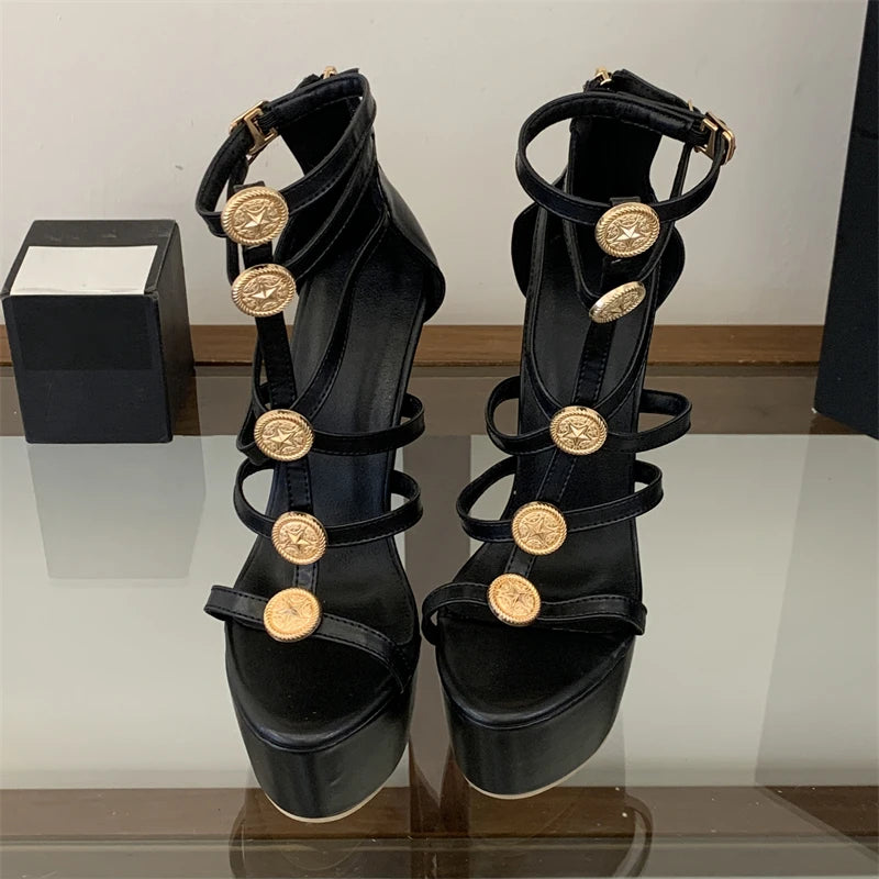 Platform stiletto strap heels with gold metal decoration