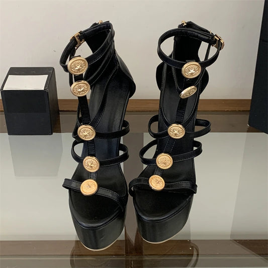 Platform stiletto strap heels with gold metal decoration