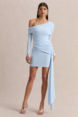 Diagonal Collar Ruched Draped Mini Dress
