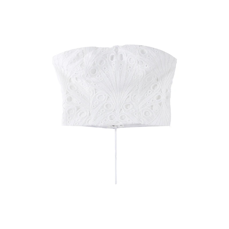 White lace bandeau top on a white background