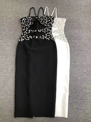 Black and white strapless dresses with sequin embellishments on a gray background
