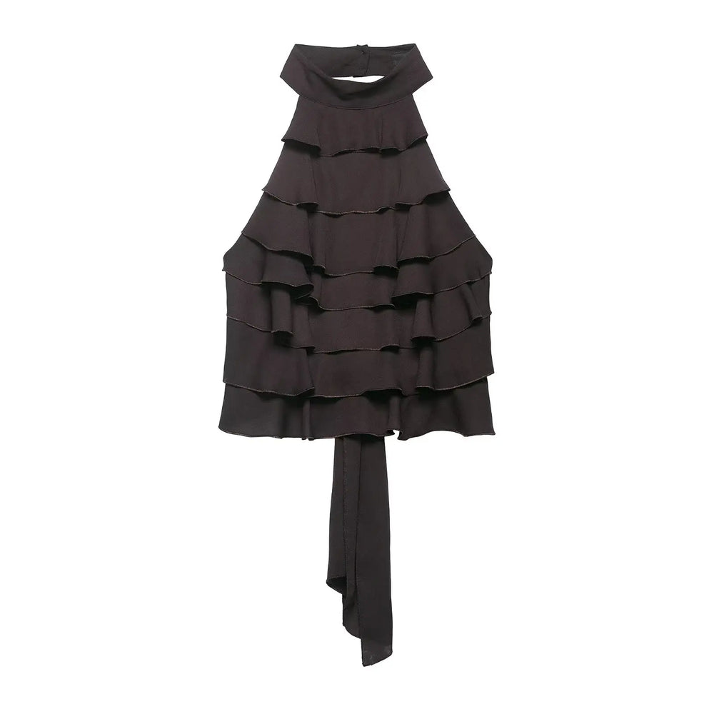 Black ruffled dress on a white background
