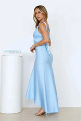 Satin Backless Asymmetrical Hem Maxi Dress