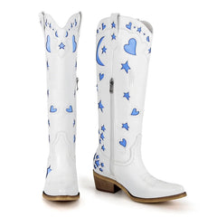 Embroidered Star Moon Knee High Boots