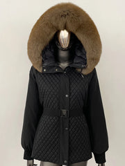 Black quilted jacket with a fur-lined hood on a mannequin against a white background