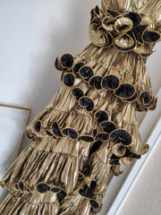 Metallic Tiered Halter Maxi Dress with Frill Layers