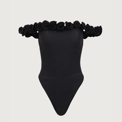 Off-Shoulder Swimsuit with Rose Trim - One Piece