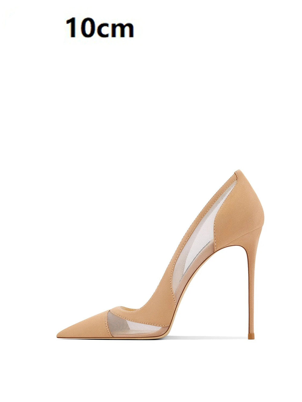 Beige high-heeled shoe with transparent panel on a white background