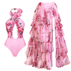 Pink floral print halter neck swimsuit with ruffled skirt