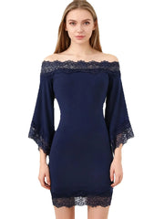 Off-shoulder bell sleeve lace trim mini dress on model