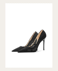 Black high-heeled shoes with a subtle pattern on a white background