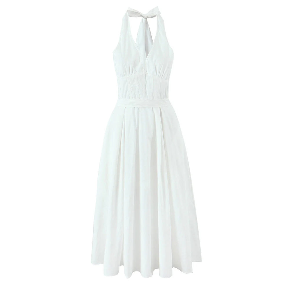 White halter neck dress on a white background