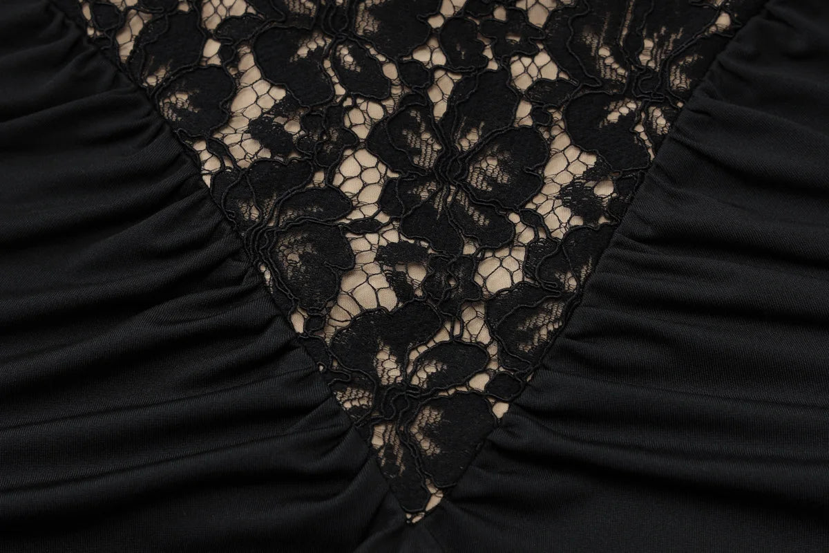 Black lace fabric with ruched texture