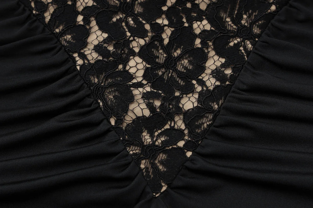 Black lace fabric with ruched texture