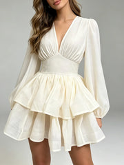 White V-neck puff sleeve tiered mini dress