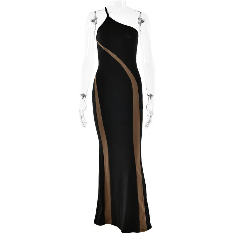 Black evening gown with brown side panels