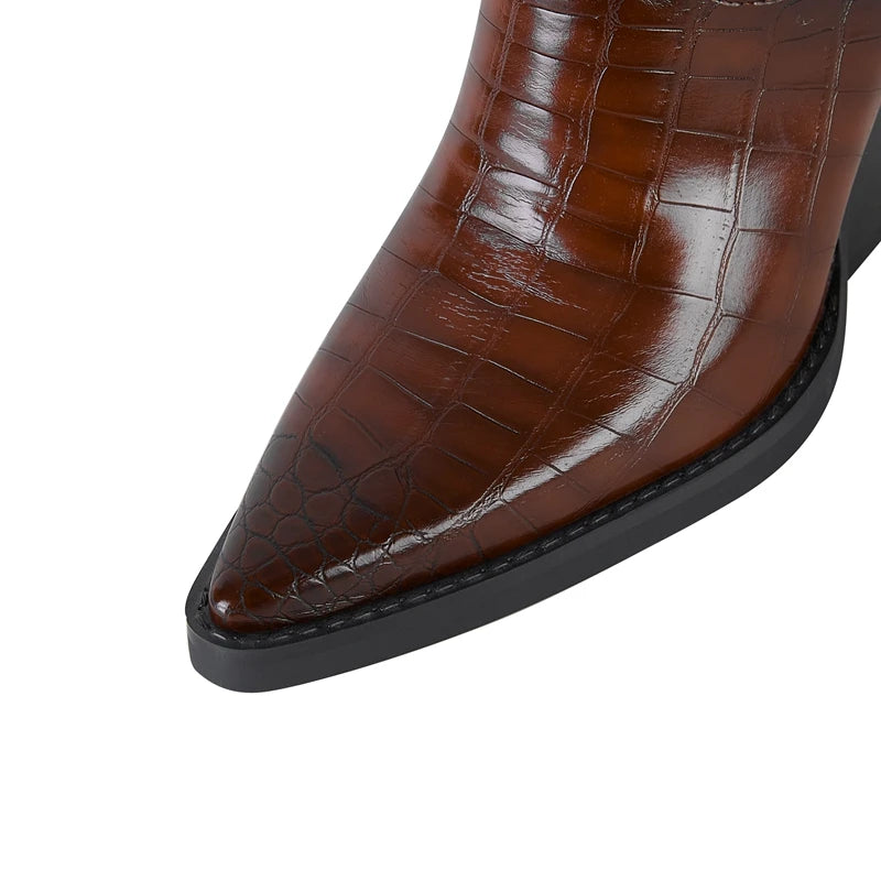Close-up of brown pointed toe high heel western boot toe