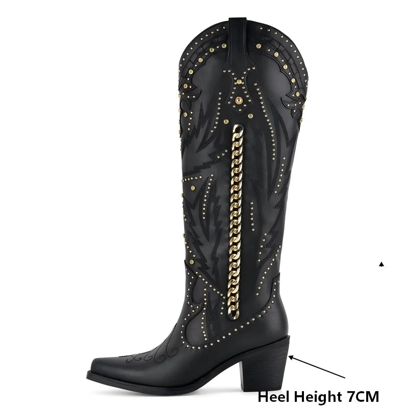 Side view of black studded chain western boots with heel height indicated