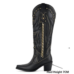 Side view of black studded chain western boots with heel height indicated