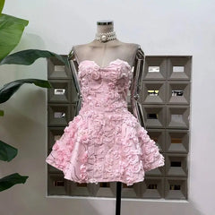 Pink 3D floral strapless mini dress