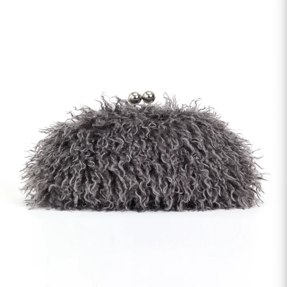 Gray fluffy clutch bag on a white background