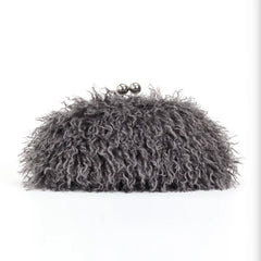 Gray fluffy clutch bag on a white background