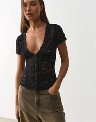 Sheer Lace V-Neck Short Sleeve Top