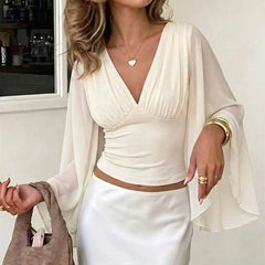 Ruched V-Neck Slit Cape Sleeve Top