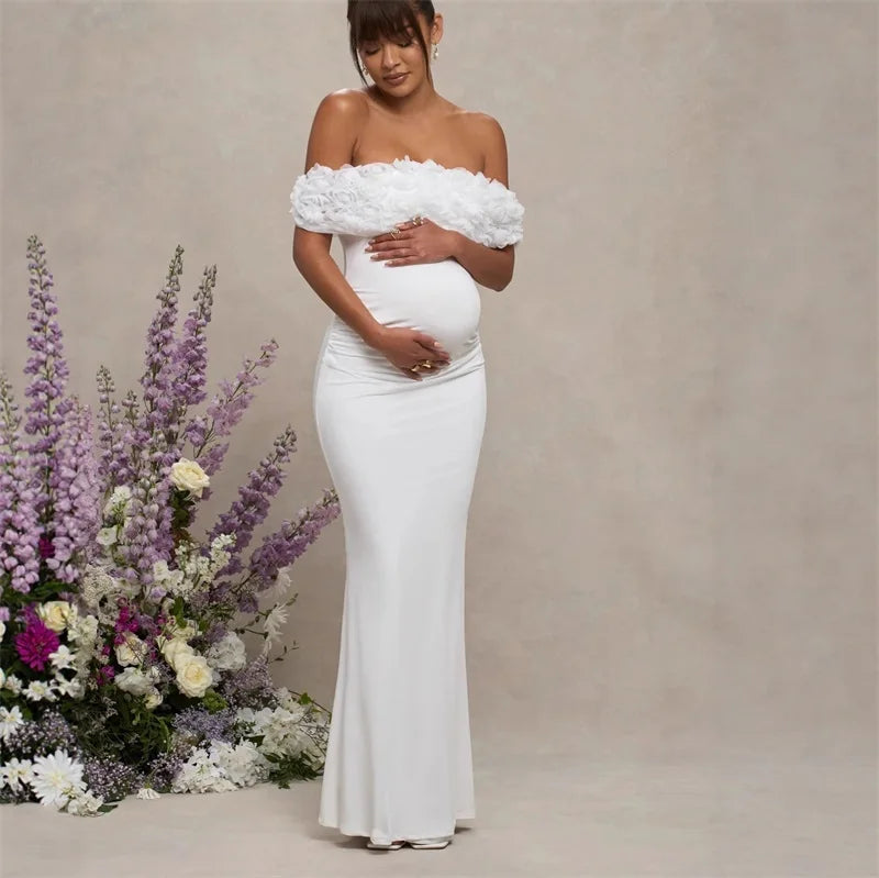 Maternity off shoulder floral applique long dress