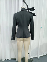 Black Bow Scarf Collar Hollow Out Lapel Collar Blazer