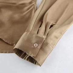 Gold Satin Round Neck Long Sleeve Bandage Design Blouse