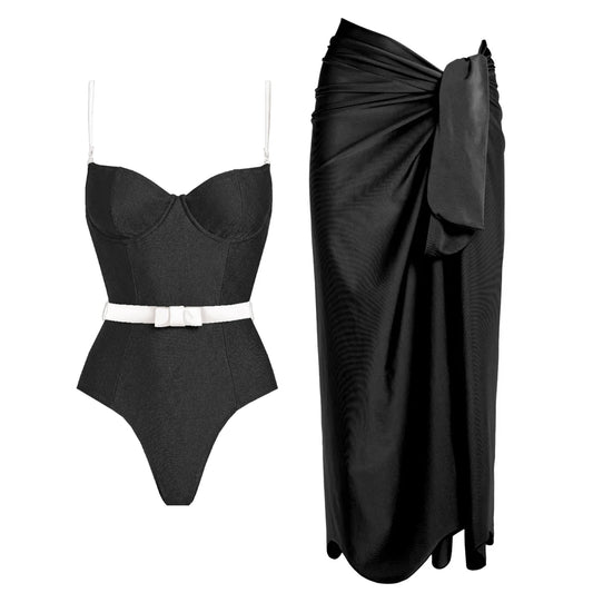 Black one-piece swimsuit with white belt and black wrap skirt