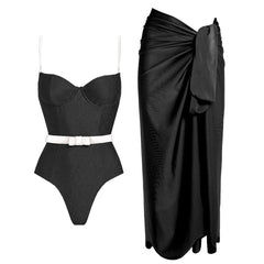 Black one-piece swimsuit with white belt and black wrap skirt