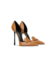 Pair of tan high-heeled shoes with a black heel on a white background