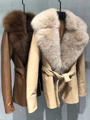 Two leather jackets with fur collars, one brown and one beige, on a gray background.