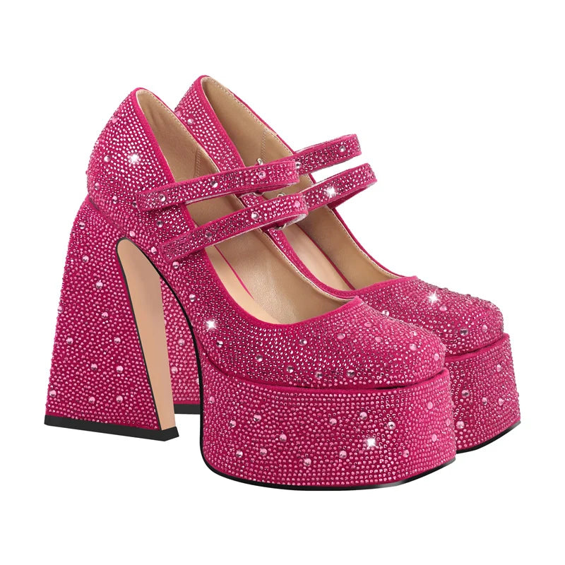 Rhinestone platform Mary Jane heels with a chunky block heel and double ankle straps.